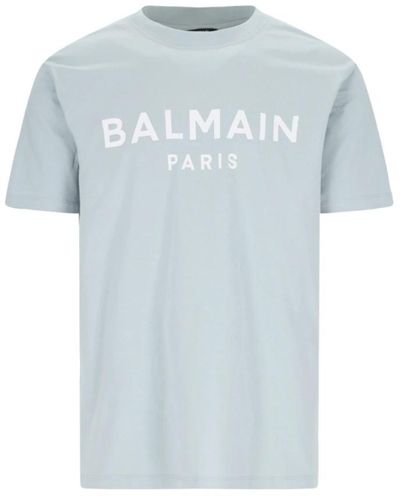 Balmain T-shirt grigia in cotone organico con logo - Blu