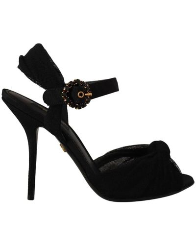 Dolce & Gabbana Black tulle stretch ankle buckle strap shoes - Negro