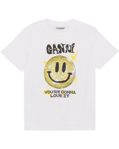 Ganni Grafik-print baumwoll-t-shirt - Weiß