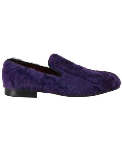 Dolce & Gabbana Purple Sheep Fur Leather Loafers - Blue