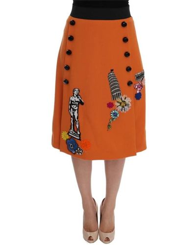 Dolce & Gabbana Falda de lana naranja con aplicaciones de cristal y lentejuelas