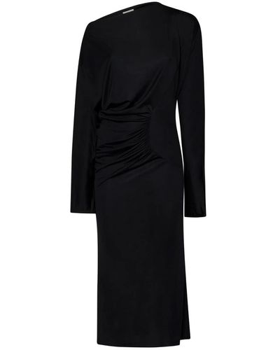 Khaite Vestido negro slip-on con escote en barco y detalles de plisado asimétrico y drapeado