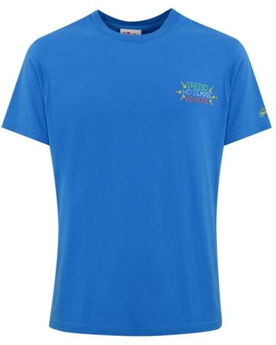 Mc2 Saint Barth Blaues baumwoll-t-shirt mit stickerei