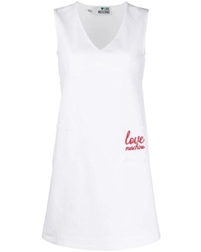 Love Moschino Rotes logo besticktes a-linien-kleid - Weiß