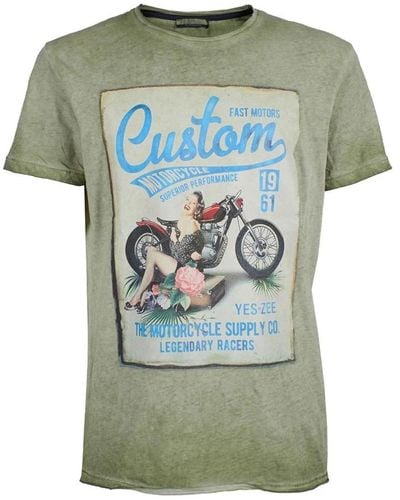 Yes-Zee Grünes t-shirt mit rundhalsausschnitt und frontdruck