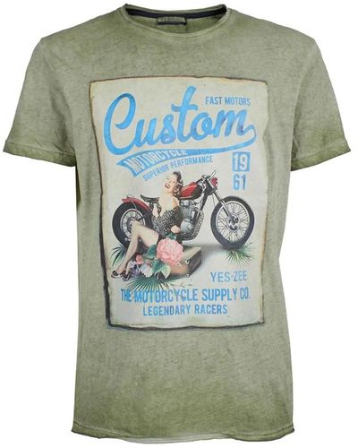 Yes-Zee T-shirt verde con collo a giro e stampa frontale