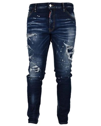 DSquared² Men Luxury Jeans - Cool Guy Faded Blue Jeans with White Paint Stains and Yellow Patch - Blau