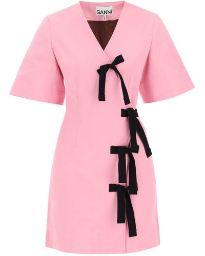 Ganni Mini Cotton Dress With Ribbons - Pink