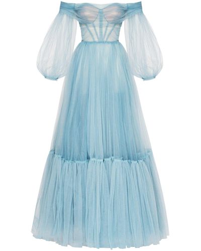 Millà Sheer Sleeves Maxi Tulle Dress - Blue