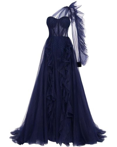 Millà Royal Tulle Gown With Detachable Sleeve - Blue