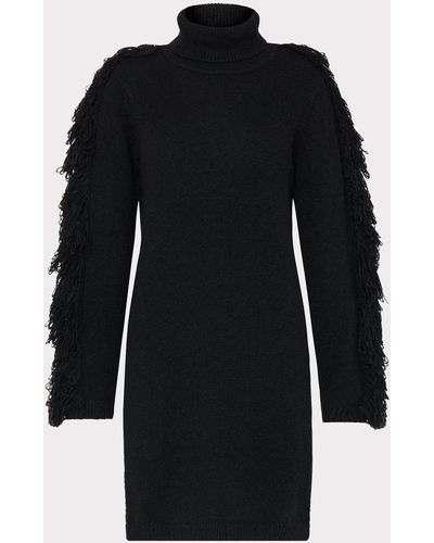 MILLY Rowe Fringe Sleeve Turtleneck Mini Dress - Black