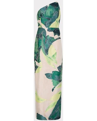 MILLY Asymetrical Tropical Forest Jacquard Midi Dress - Green