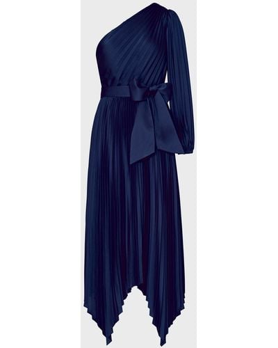 MILLY Essi Satin Pleated One Shoulder Dress - Blue