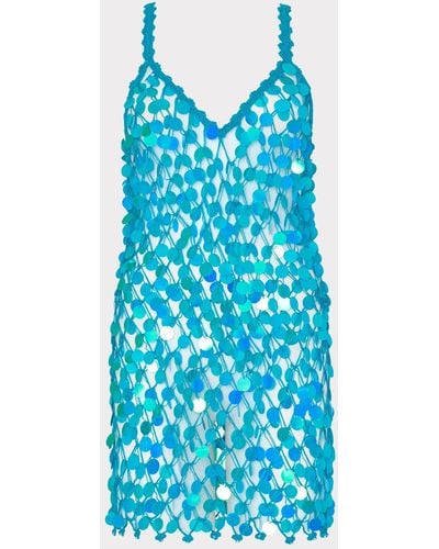 MILLY Sequin Crochet Mini Sleeveless Dress - Blue
