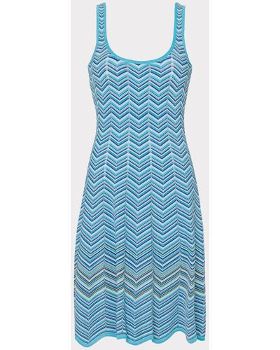 MILLY Zig Zag Flare Knit Mini Dress - Blue
