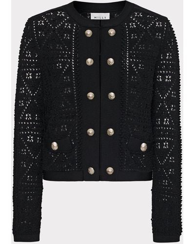 MILLY Bubble Pointelle Knit Jacket - Black