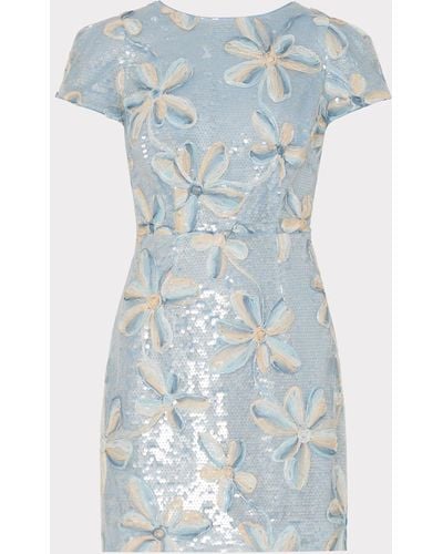 MILLY Rowen Floral Embroidery Mesh Sequin Dress - Blue