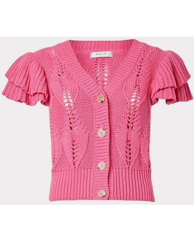 MILLY Ruffle Pointelle Cardigan - Pink