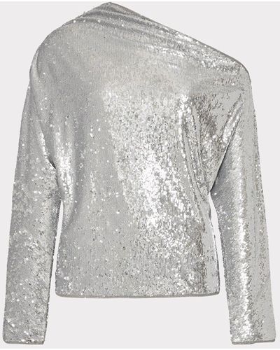 MILLY Draped One Shoulder Sequins Top - Metallic