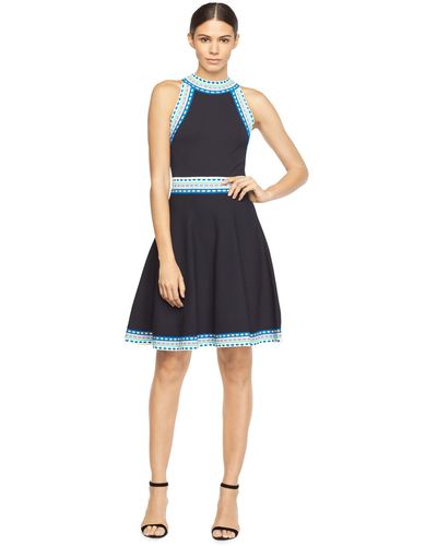 MILLY Woven Trim Flare Dress - Blue