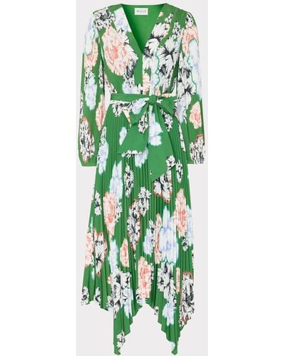 MILLY Liora Petals In Bloom Pleated Dress - Green