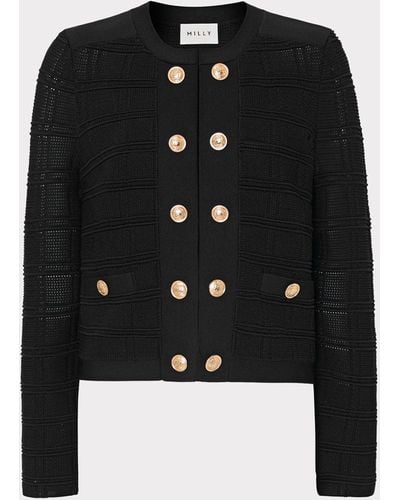 MILLY Pointelle Textured Knit Jacket - Black