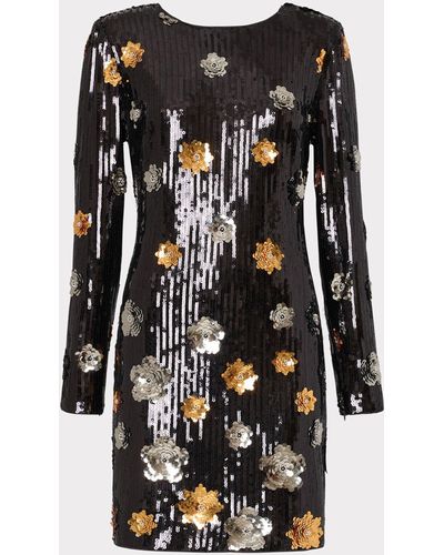 MILLY Selene 3d Floral Sequins Dress - Black