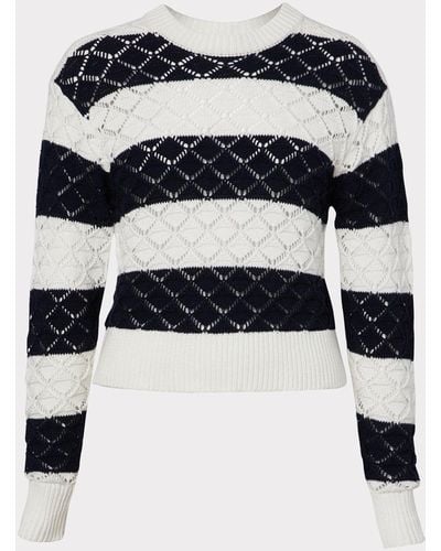 MILLY Striped Pointelle Pullover - Blue