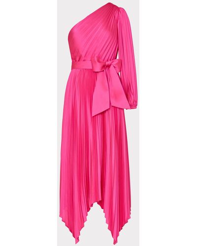 MILLY Essi Satin Pleated One Shoulder Dress - Pink