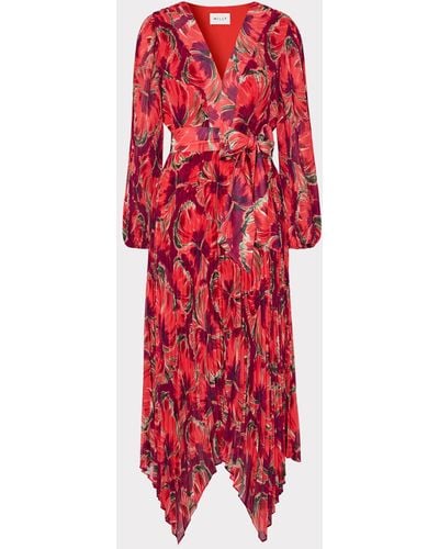 MILLY Liora Windmill Floral Pleated Dress - Red