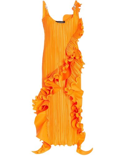 Versace Ruffled Plissé Midi Dress - Orange