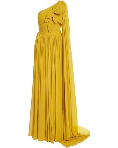Elie Saab Floral-appliqued Silk One-shoulder Gown - Yellow