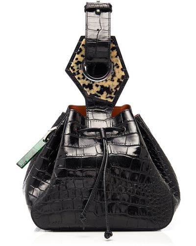 Ganni Resin-embellished Croc-effect Leather Bucket Bag - Black