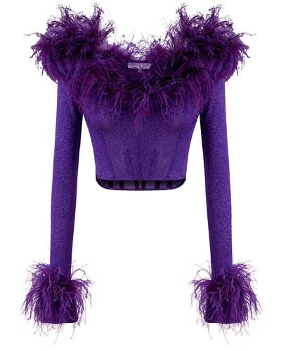 RAISA & VANESSA Feather-trimmed Glittered Knit Corset Top - Purple