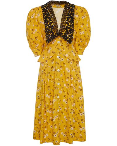 Miu Miu Printed Peplum Midi Dress - Yellow