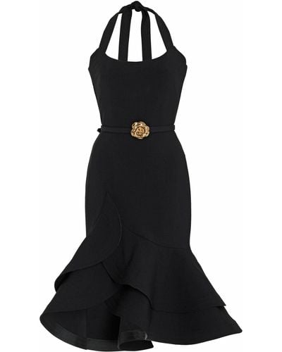 Oscar de la Renta Belted Ruffled Stretch Wool-blend Halterneck Dress - Black