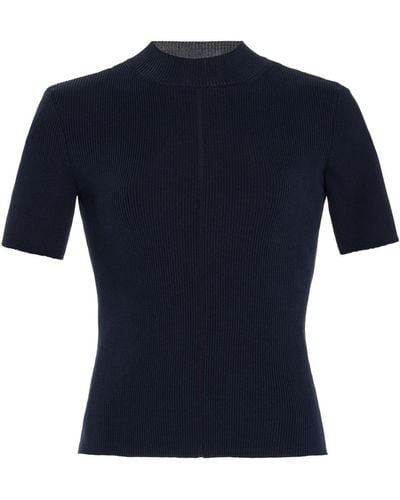 Oscar de la Renta Ribbed-knit Stretch-silk T-shirt - Blue