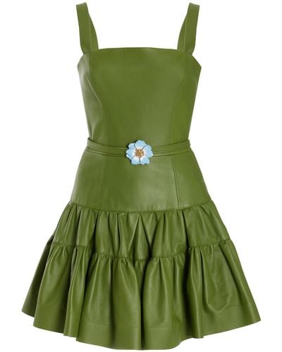Oscar de la Renta Leather Tiered Mini Dress - Green