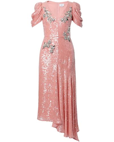 Erdem Asymmetric Appliquéd Sequinned Satin Midi Dress - Pink
