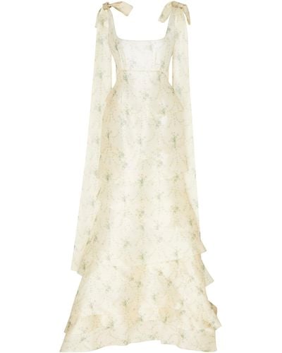 Brock Collection Tiered Tie-detailed Floral-jacquard Gown - White