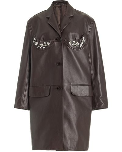 Simone Rocha Embroidered Leather Coat - Brown
