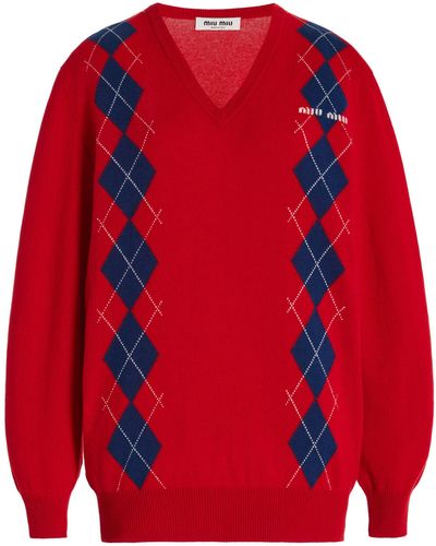Miu Miu Argyle Cashmere Sweater - Red