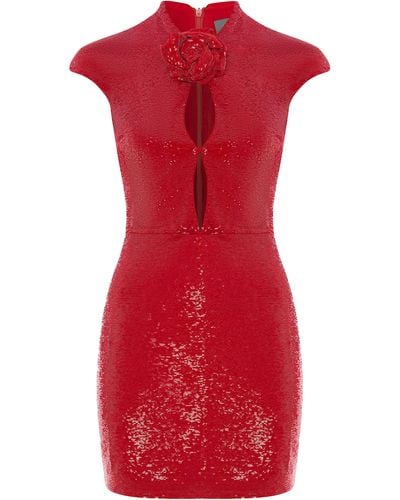 Rasario Sequined Floral-appliquéd Mini Dress - Red