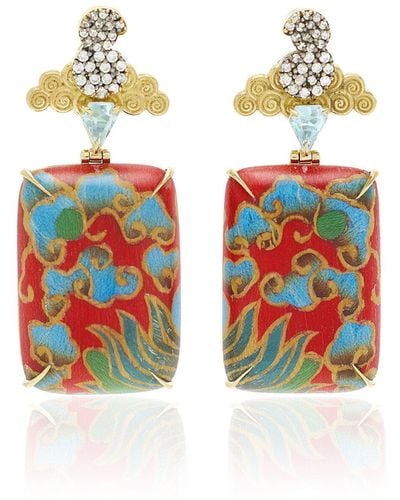 Silvia Furmanovich Marquetry 18k Yellow Gold, Diamond, And Blue Topaz Earrings - Red
