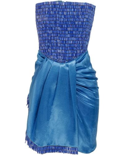RAISA & VANESSA Crystal Embroidered Satin Mini Dress - Blue