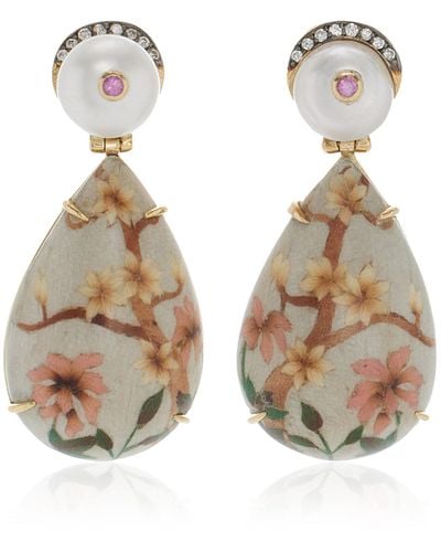 Silvia Furmanovich Marquetry Flower 18k Yellow Gold Pearl, Diamond Earrings - Pink
