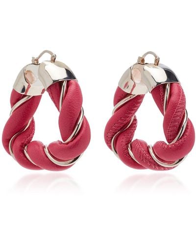 Bottega Veneta Twist Triangle Leather-trimmed Sterling Silver Earrings - Red
