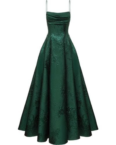 Rasario Open-back Draped Jacquard Gown With Voluminous Skirt - Green