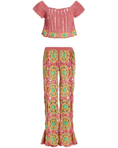 Akoia Swim Exclusive Crocheted Cotton Top And Pant Set - Red