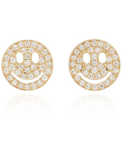 Sydney Evan Pave Happy Face 14k Gold Diamond Stud Earrings - Metallic
